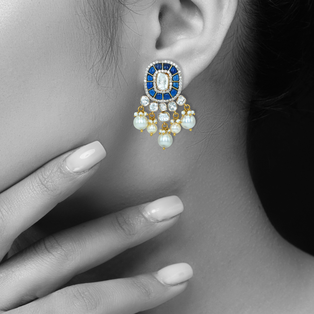 Polki Earrings with Blue Talaf and Pearl Clusters